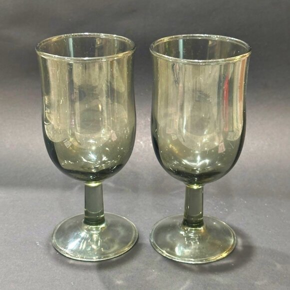 Vintage Smoke Gray Glass Wine Water Goblets Glasses Set of 2 Unmarked Stem 8 oz - Picture 2 of 6